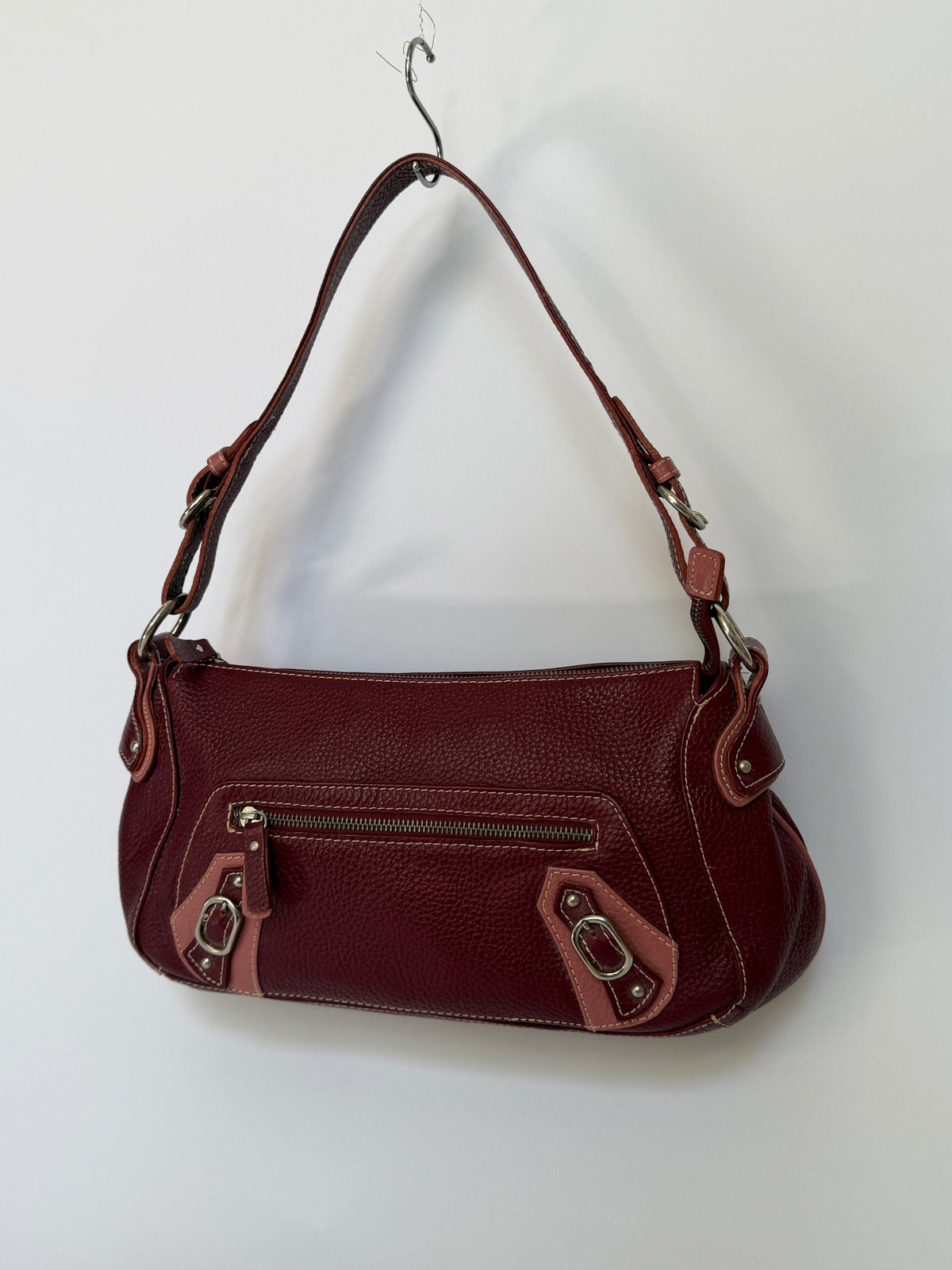 Wine Red Leather Shoulder Bag with Buckle Strap Details