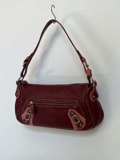 Wine Red Leather Shoulder Bag with Buckle Strap Details