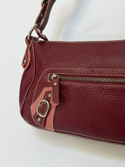 Wine Red Leather Shoulder Bag with Buckle Strap Details