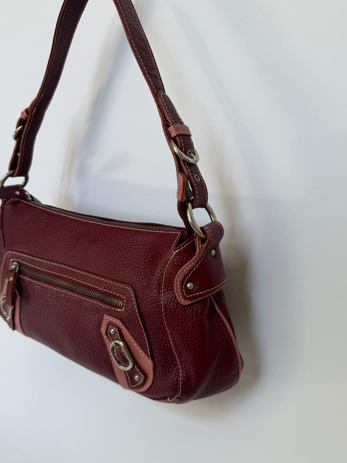Wine Red Leather Shoulder Bag with Buckle Strap Details