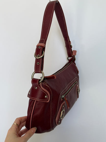 Wine Red Leather Shoulder Bag with Buckle Strap Details