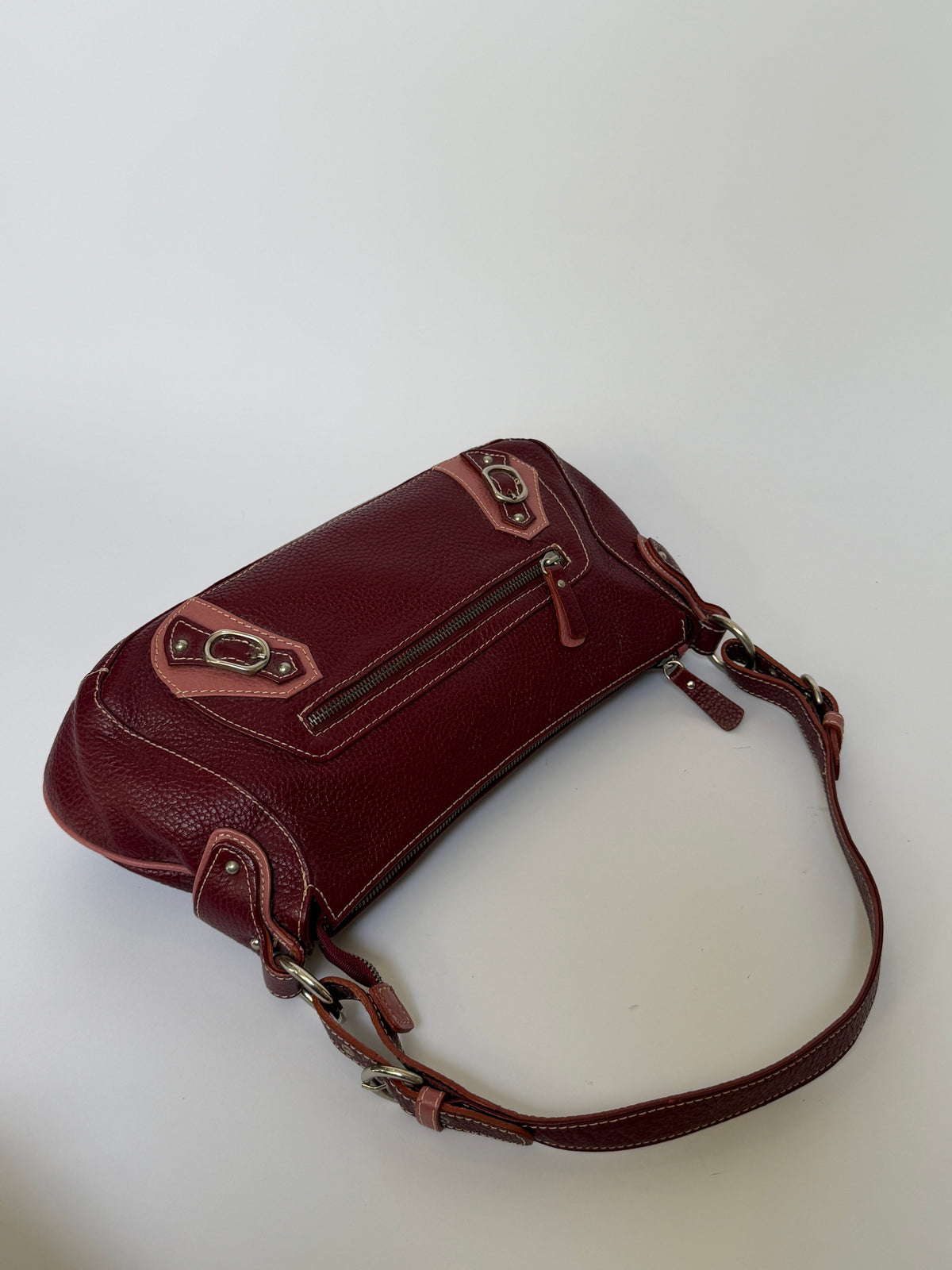 Wine Red Leather Shoulder Bag with Buckle Strap Details