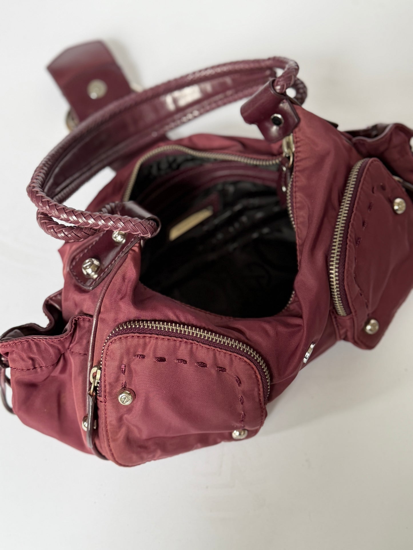 Burgundy Nylon Shoulder Bag — Braided Handle