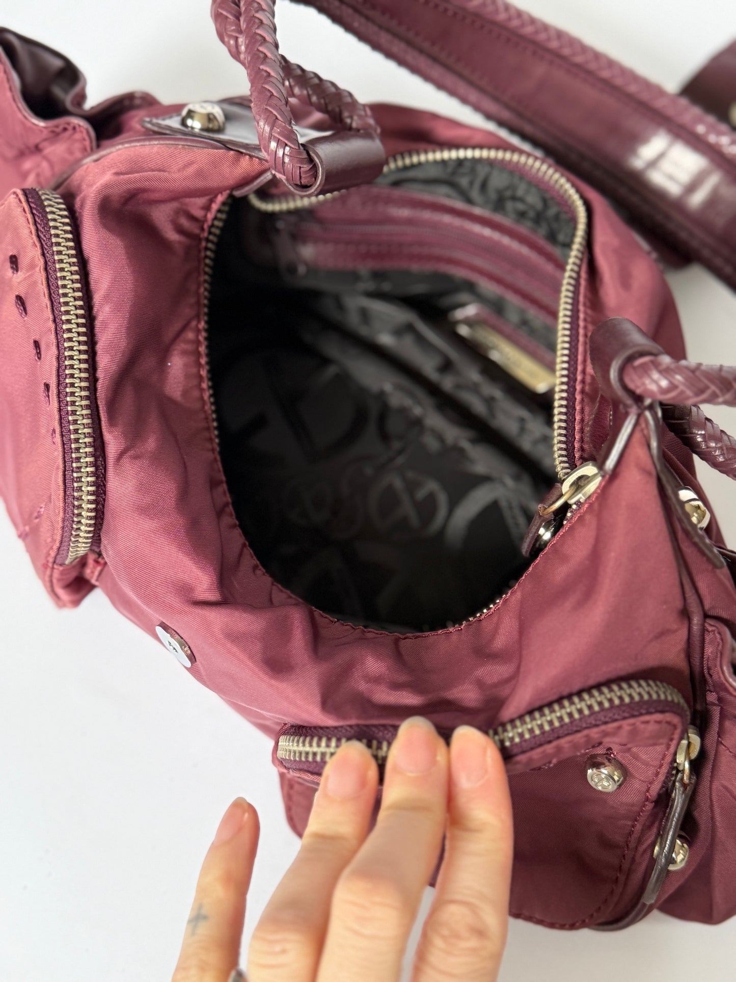 Burgundy Nylon Shoulder Bag — Braided Handle