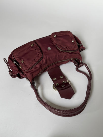 Burgundy Nylon Shoulder Bag — Braided Handle