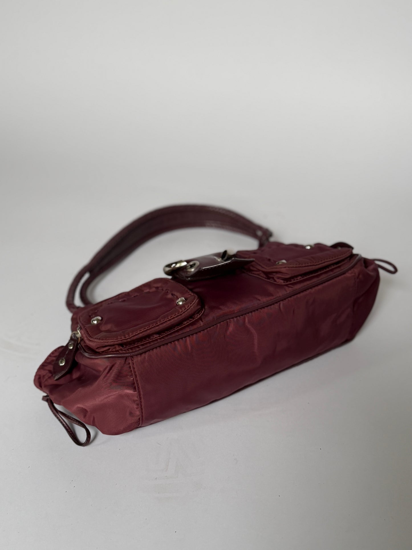 Burgundy Nylon Shoulder Bag — Braided Handle