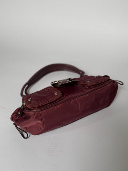 Burgundy Nylon Shoulder Bag — Braided Handle