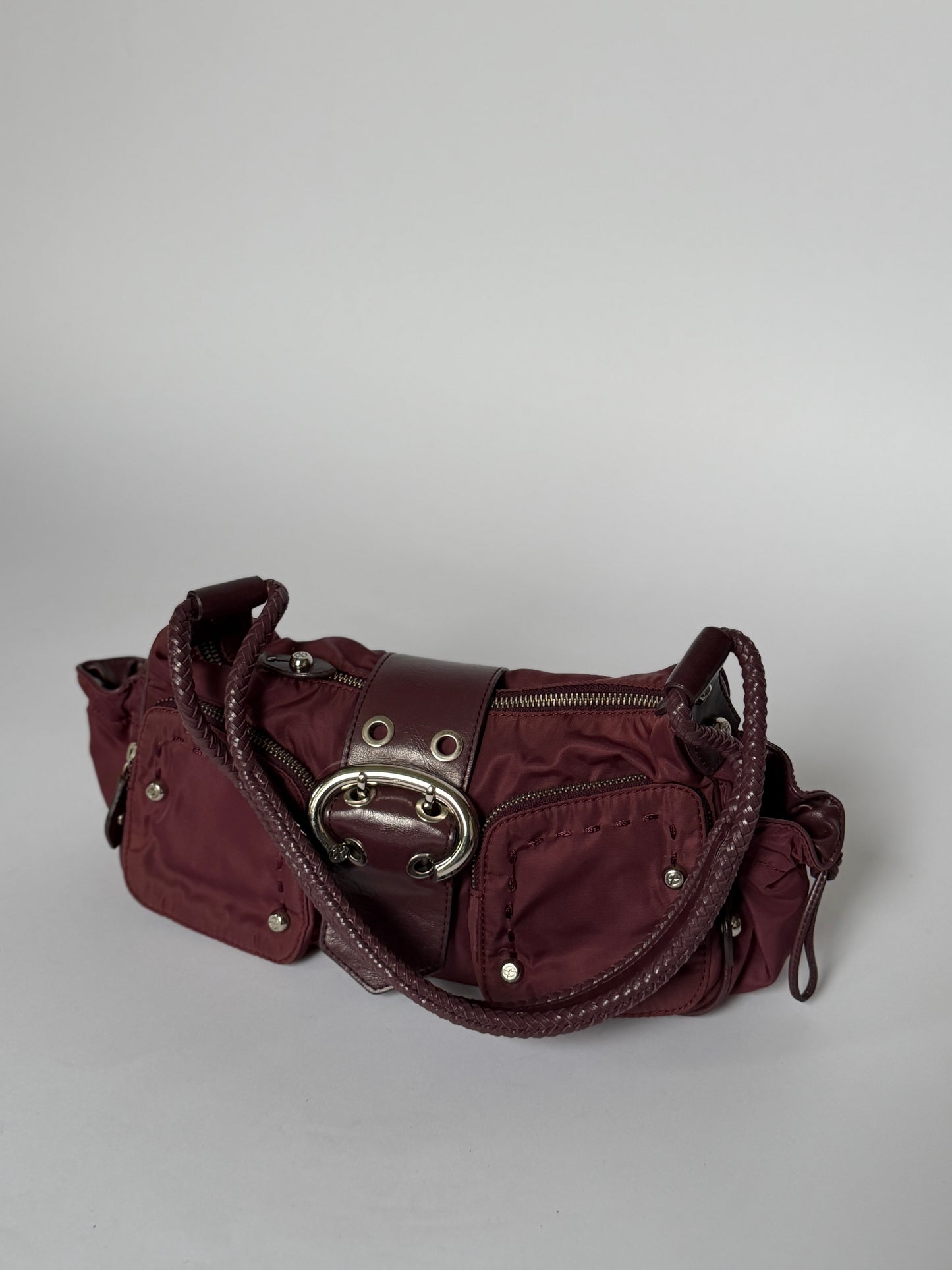 Burgundy Nylon Shoulder Bag — Braided Handle
