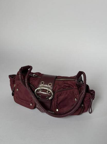 Burgundy Nylon Shoulder Bag — Braided Handle