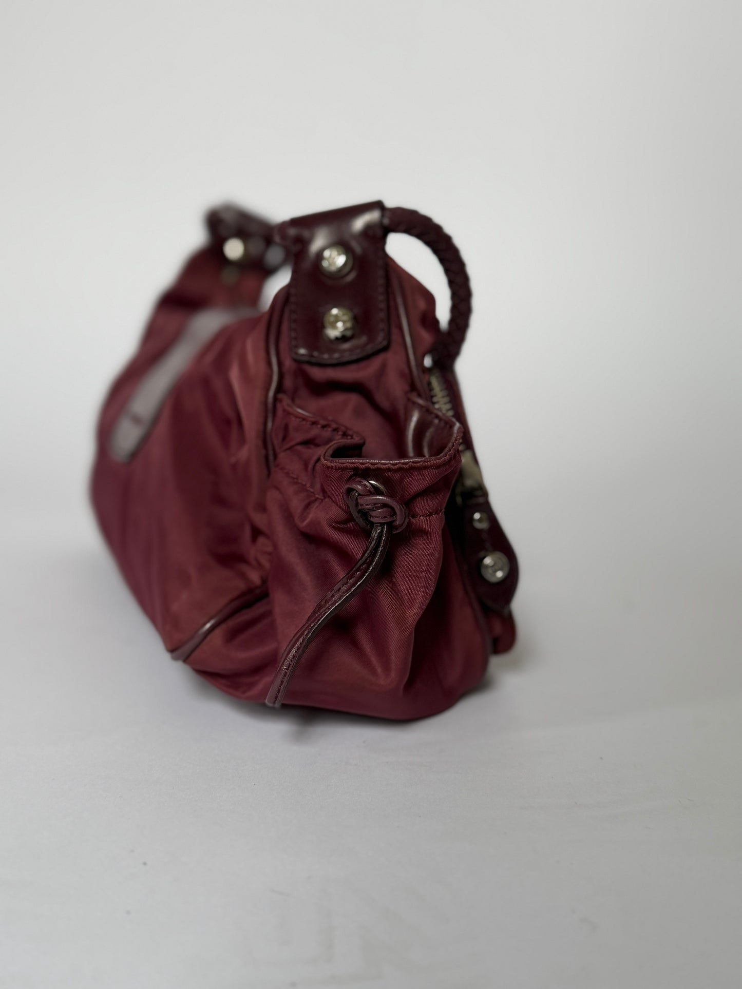 Burgundy Nylon Shoulder Bag — Braided Handle