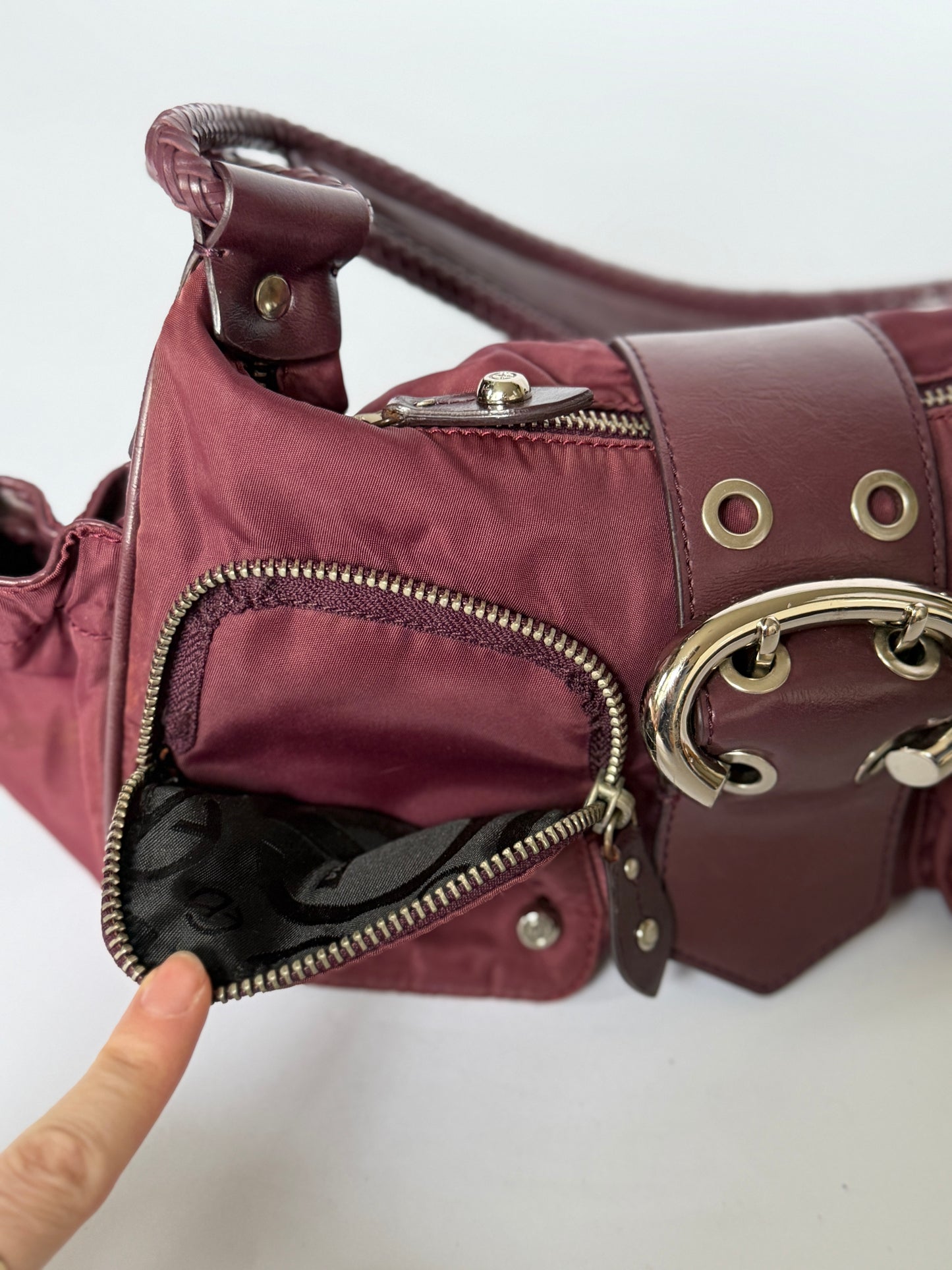 Burgundy Nylon Shoulder Bag — Braided Handle