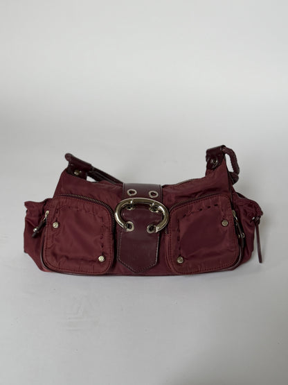 Burgundy Nylon Shoulder Bag — Braided Handle