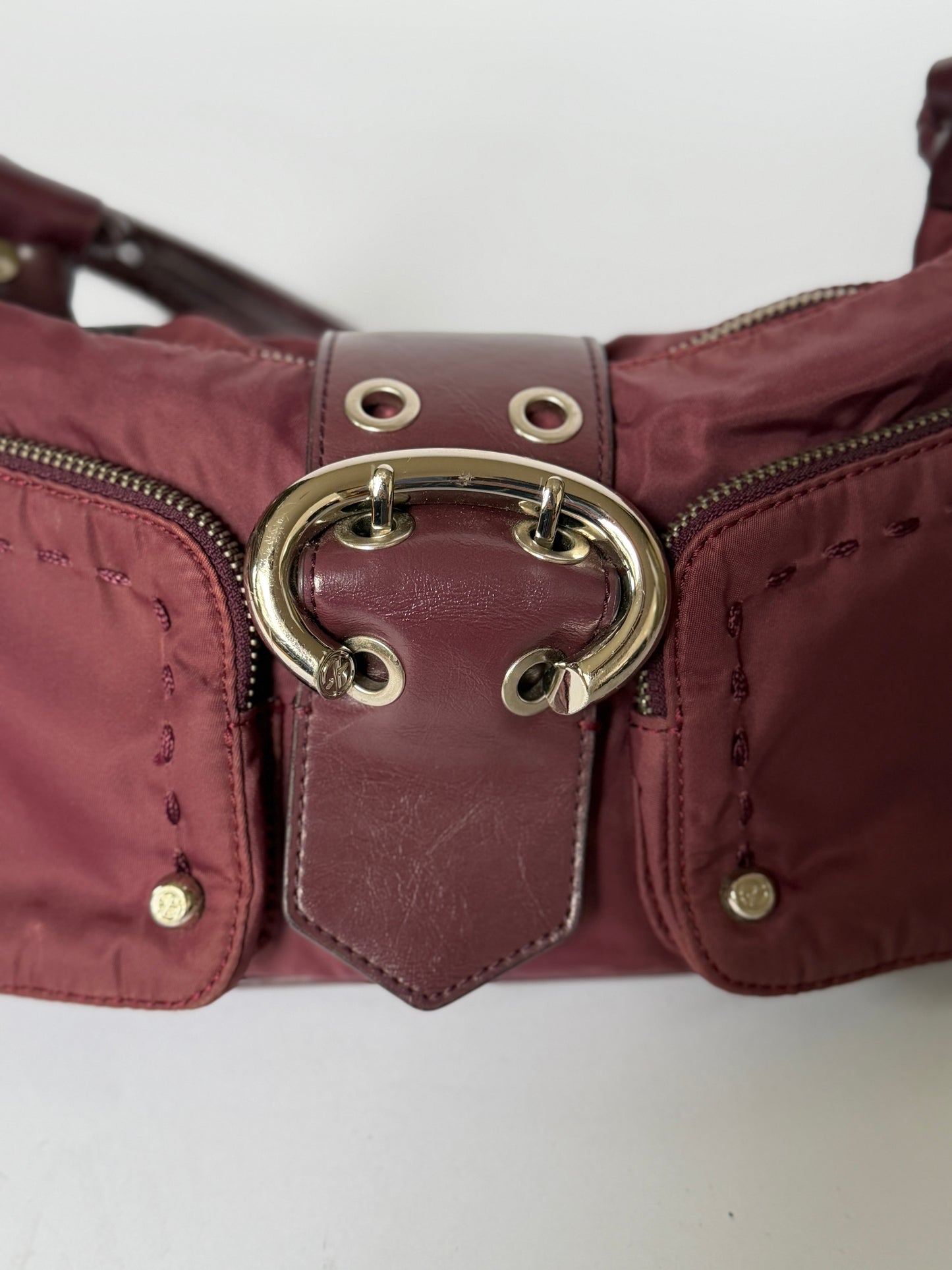 Burgundy Nylon Shoulder Bag — Braided Handle