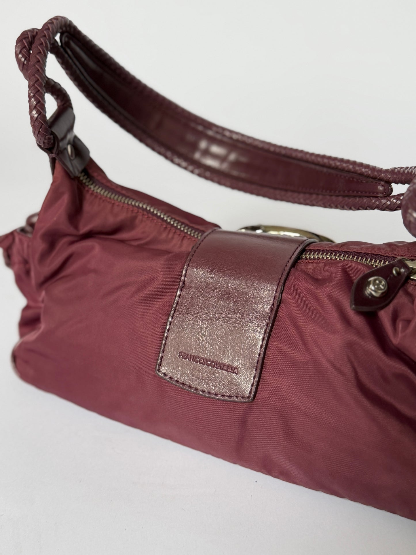 Burgundy Nylon Shoulder Bag — Braided Handle