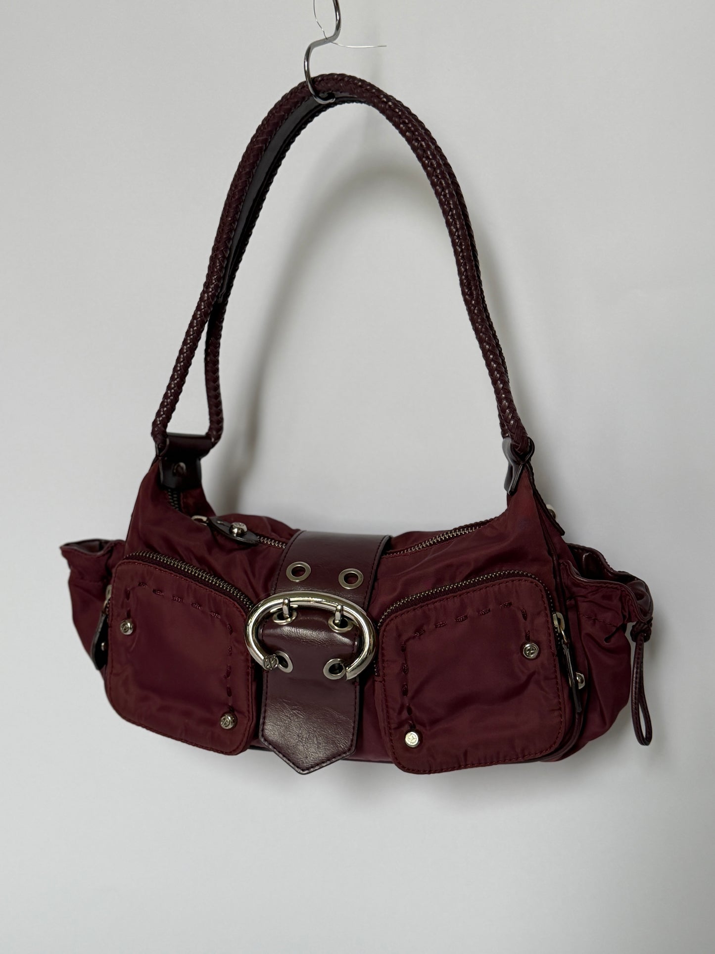Burgundy Nylon Shoulder Bag — Braided Handle
