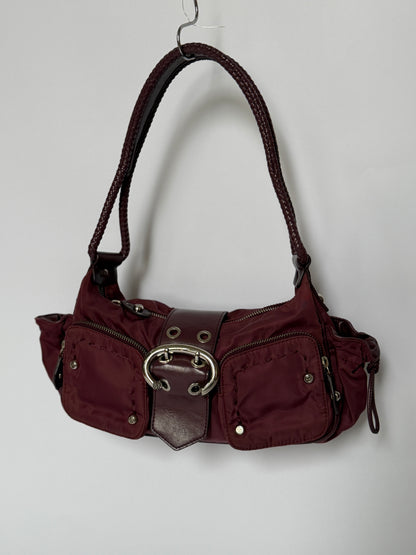 Burgundy Nylon Shoulder Bag — Braided Handle