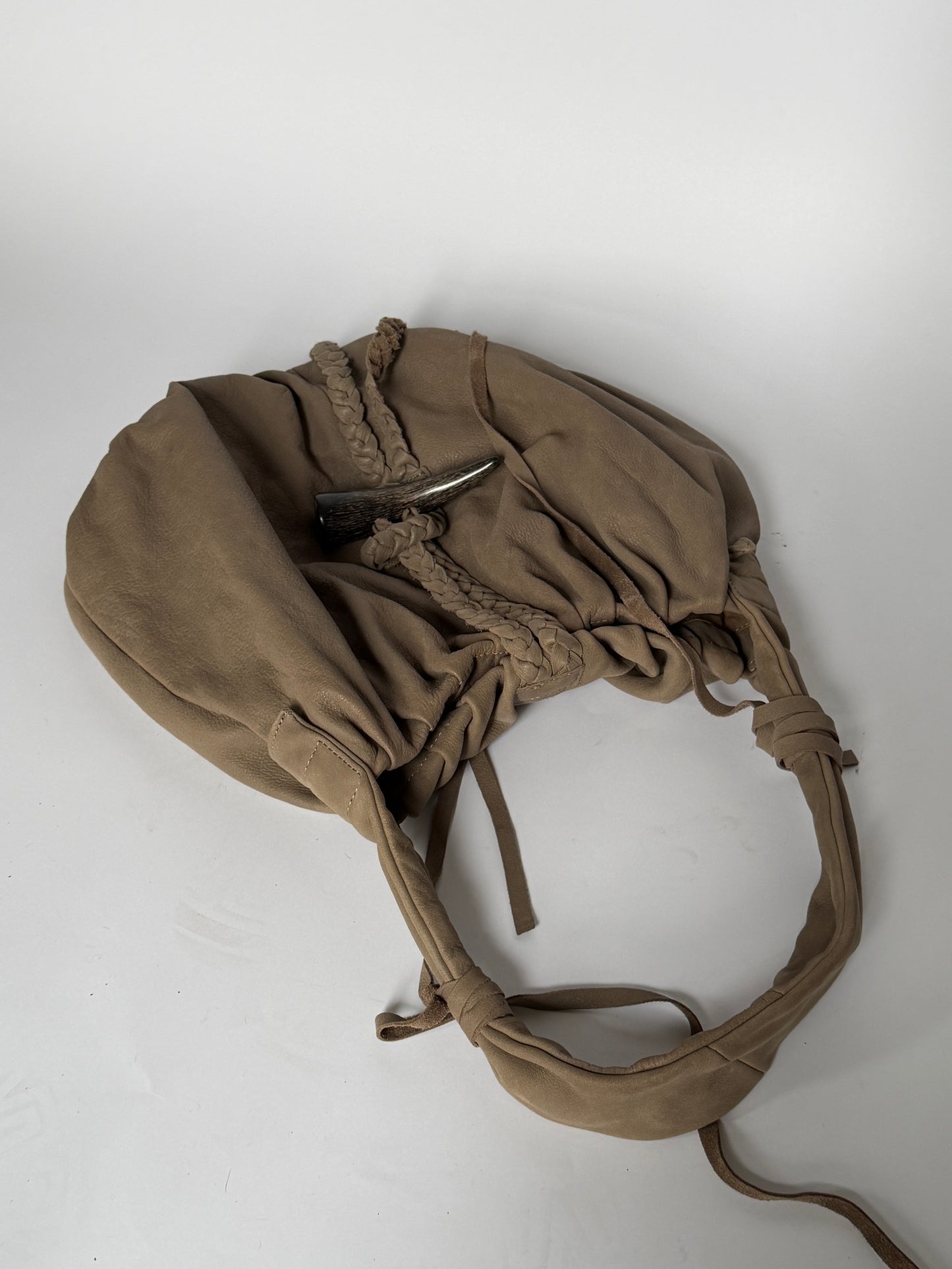 Taupe Nubuck Leather Hobo Bag — Horn Toggle (Large)