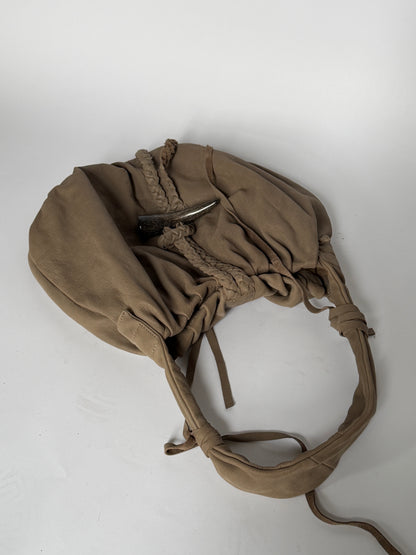 Taupe Nubuck Leather Hobo Bag — Horn Toggle (Large)