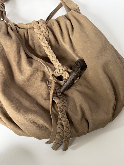 Taupe Nubuck Leather Hobo Bag — Horn Toggle (Large)