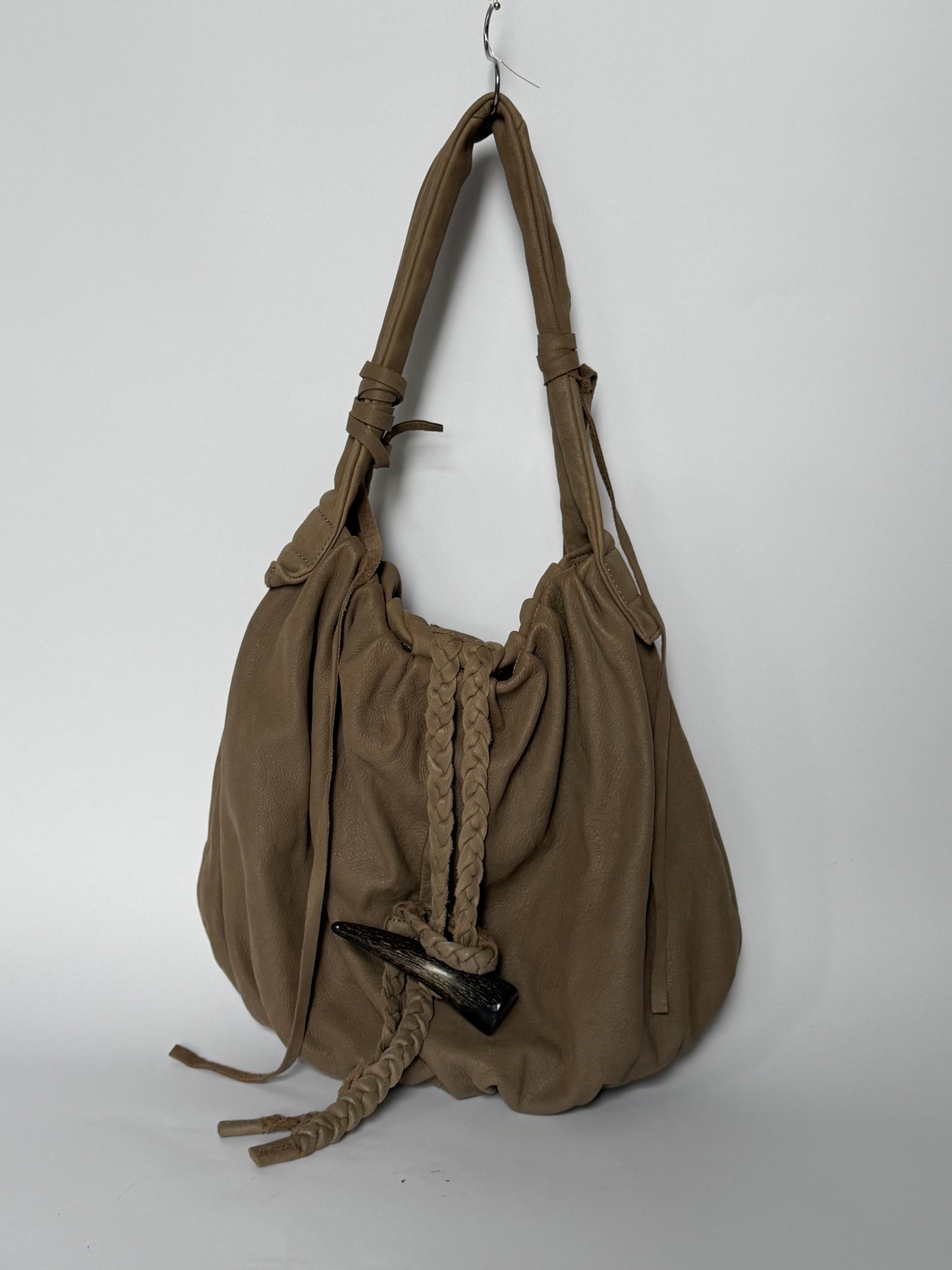 Taupe Nubuck Leather Hobo Bag — Horn Toggle (Large)