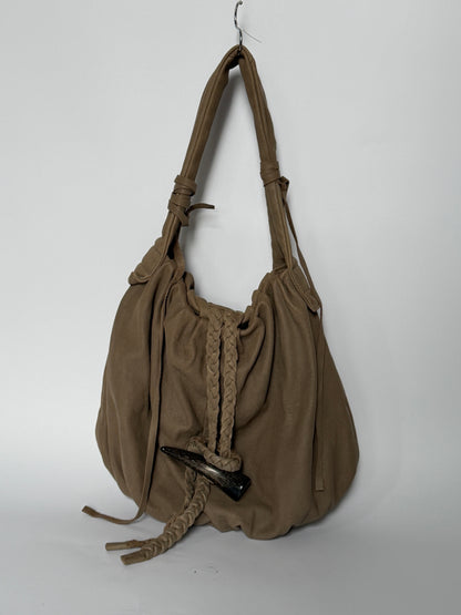 Taupe Nubuck Leather Hobo Bag — Horn Toggle (Large)