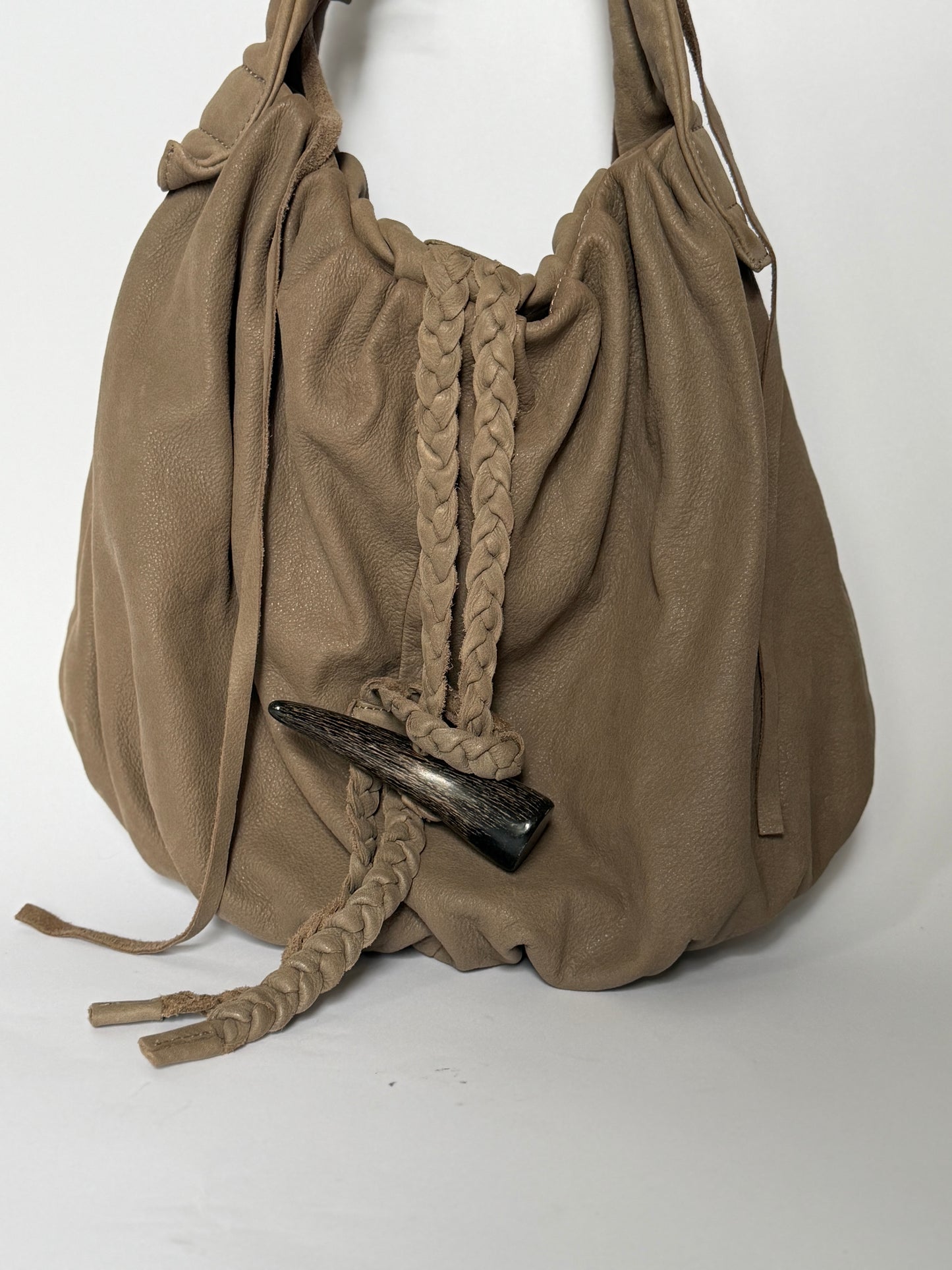 Taupe Nubuck Leather Hobo Bag — Horn Toggle (Large)