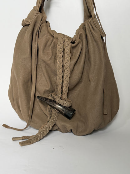 Taupe Nubuck Leather Hobo Bag — Horn Toggle (Large)