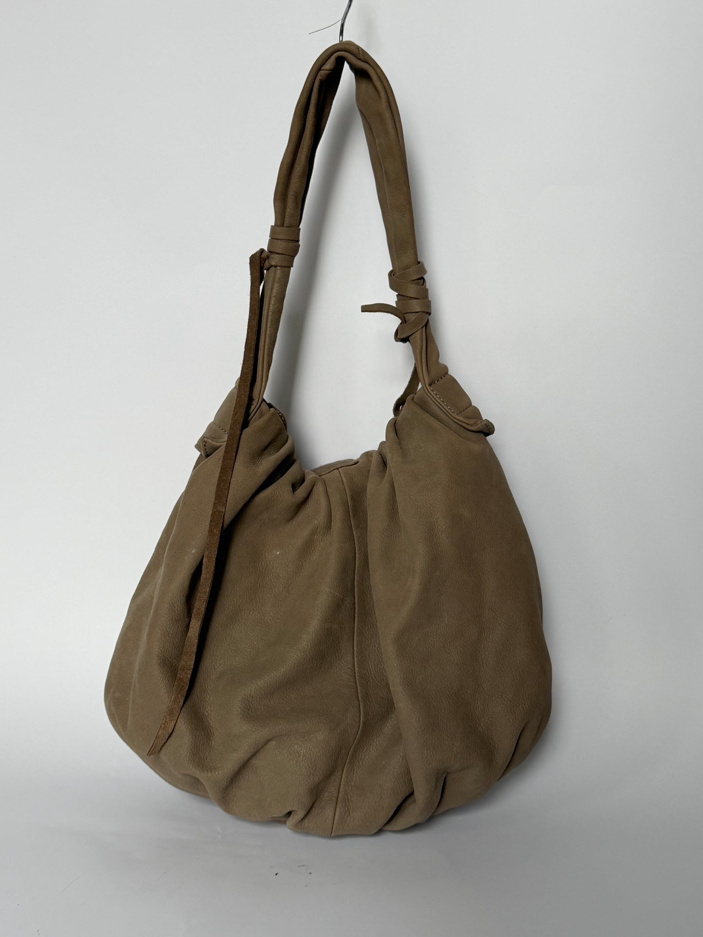 Taupe Nubuck Leather Hobo Bag — Horn Toggle (Large)