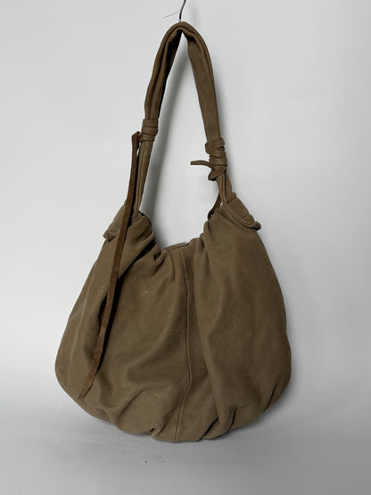 Taupe Nubuck Leather Hobo Bag — Horn Toggle (Large)
