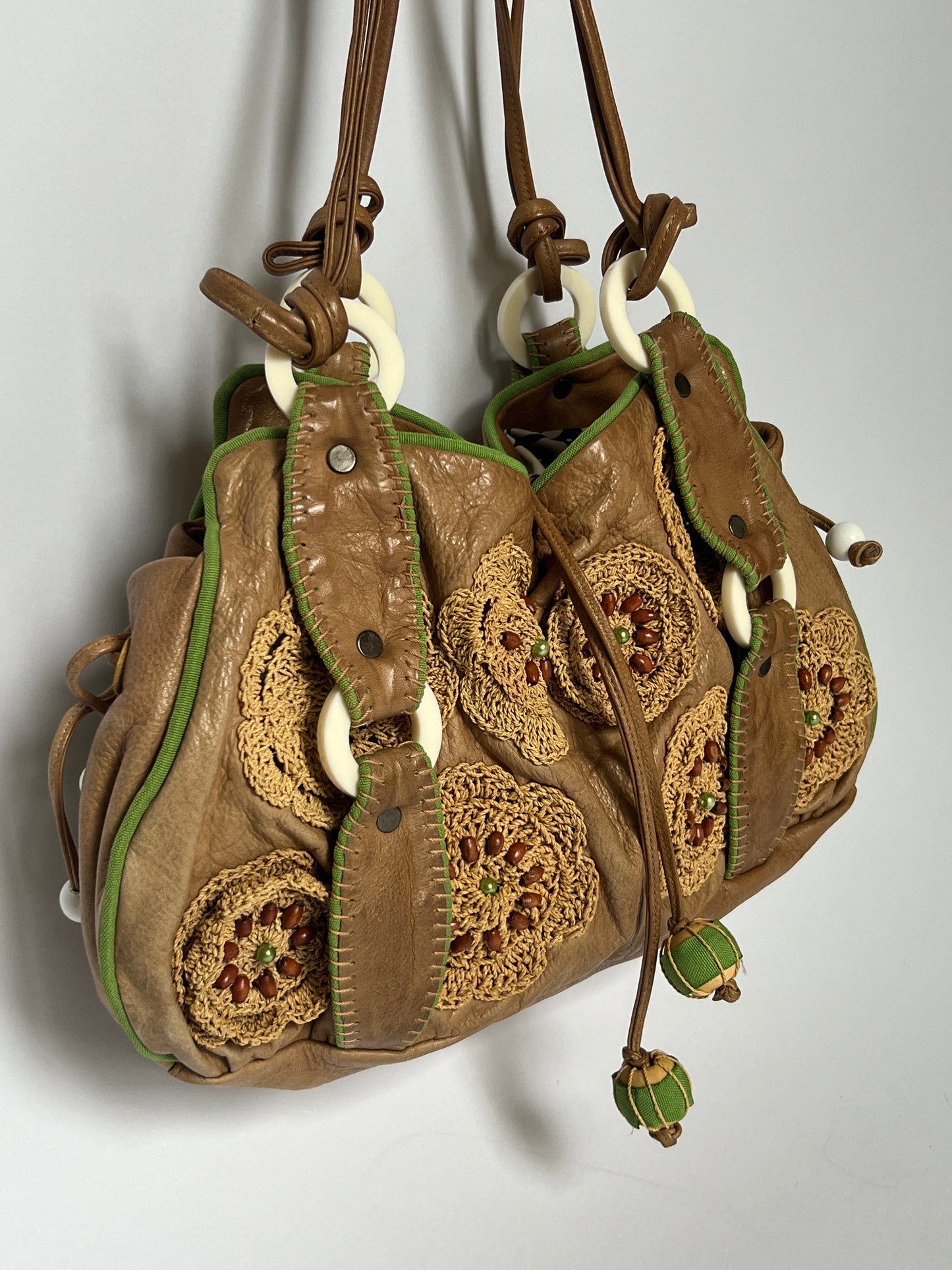 French Beaded Crochet Leather Bag
