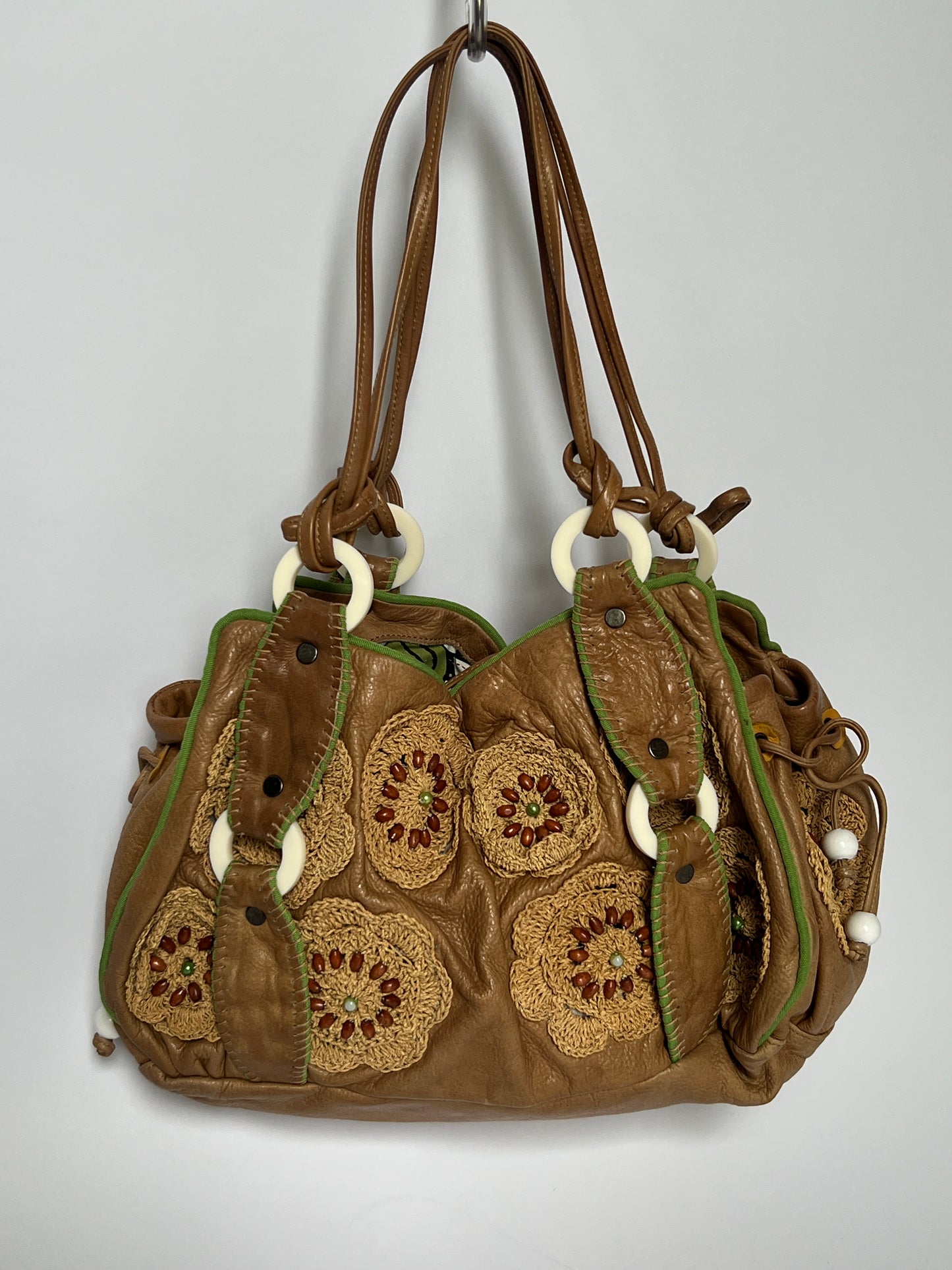 French Beaded Crochet Leather Bag
