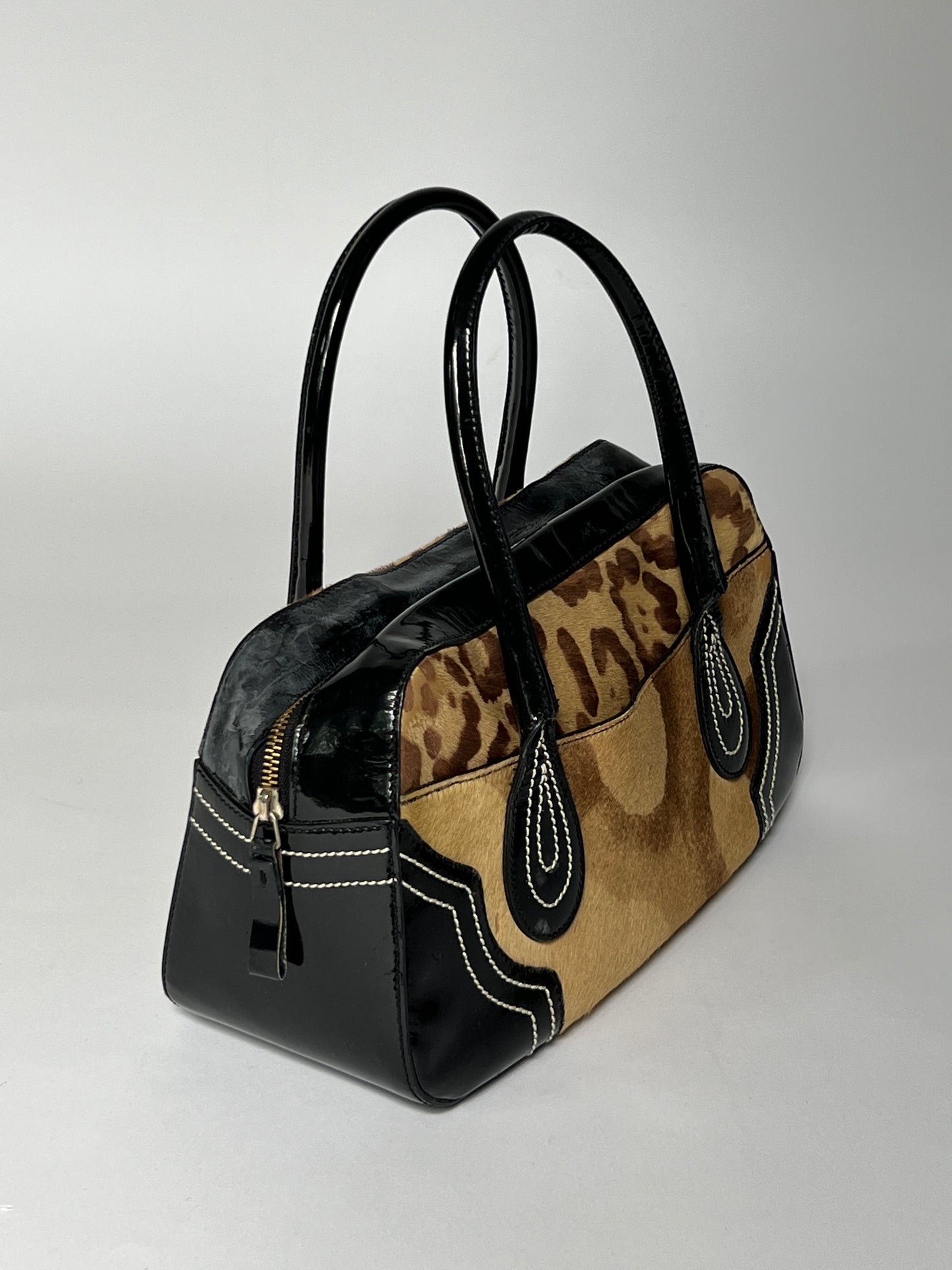 Pony Hair Leopard Print Boston Bag