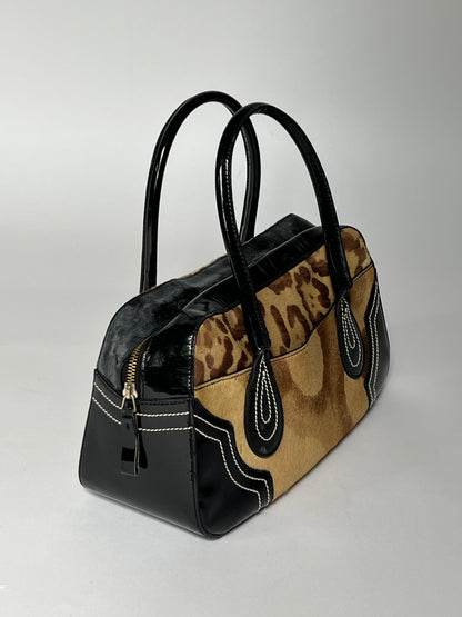 Pony Hair Leopard Print Boston Bag