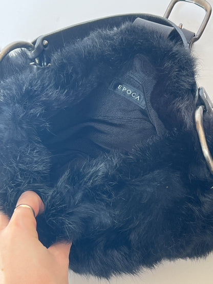 Black Fur Shoulder Bag with Oversized Buckle