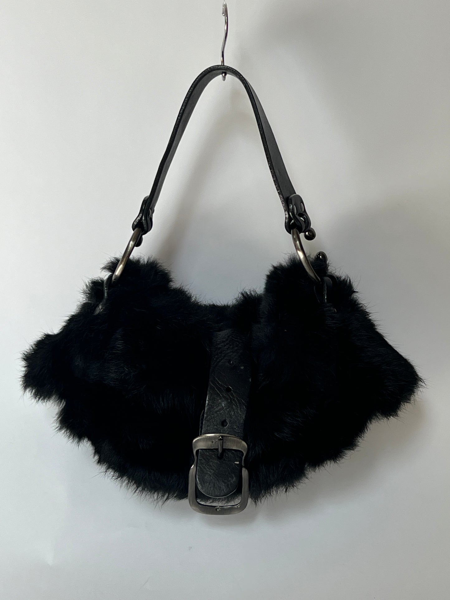 Black Fur Shoulder Bag with Oversized Buckle