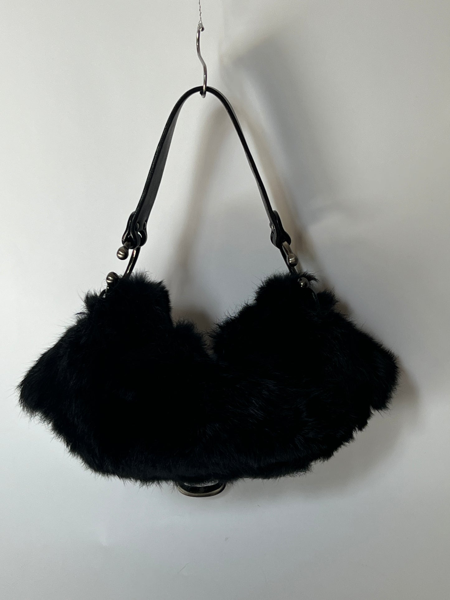 Black Fur Shoulder Bag with Oversized Buckle