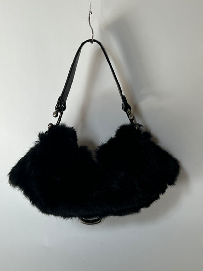 Black Fur Shoulder Bag with Oversized Buckle