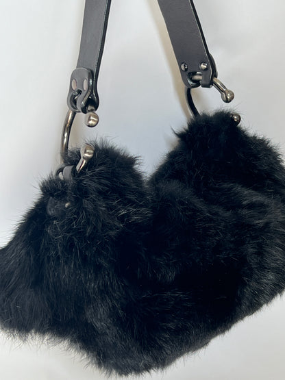 Black Fur Shoulder Bag with Oversized Buckle