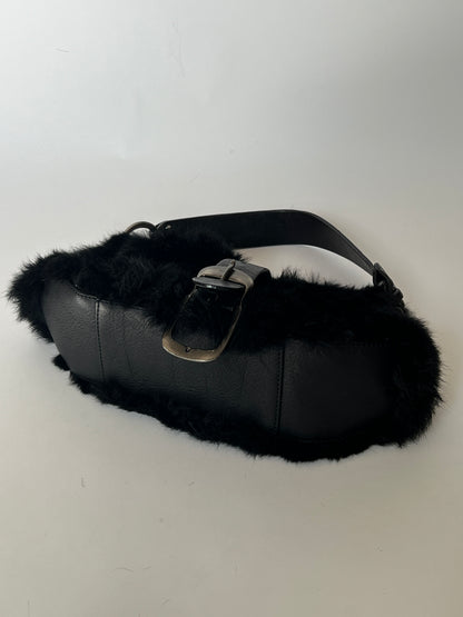 Black Fur Shoulder Bag with Oversized Buckle