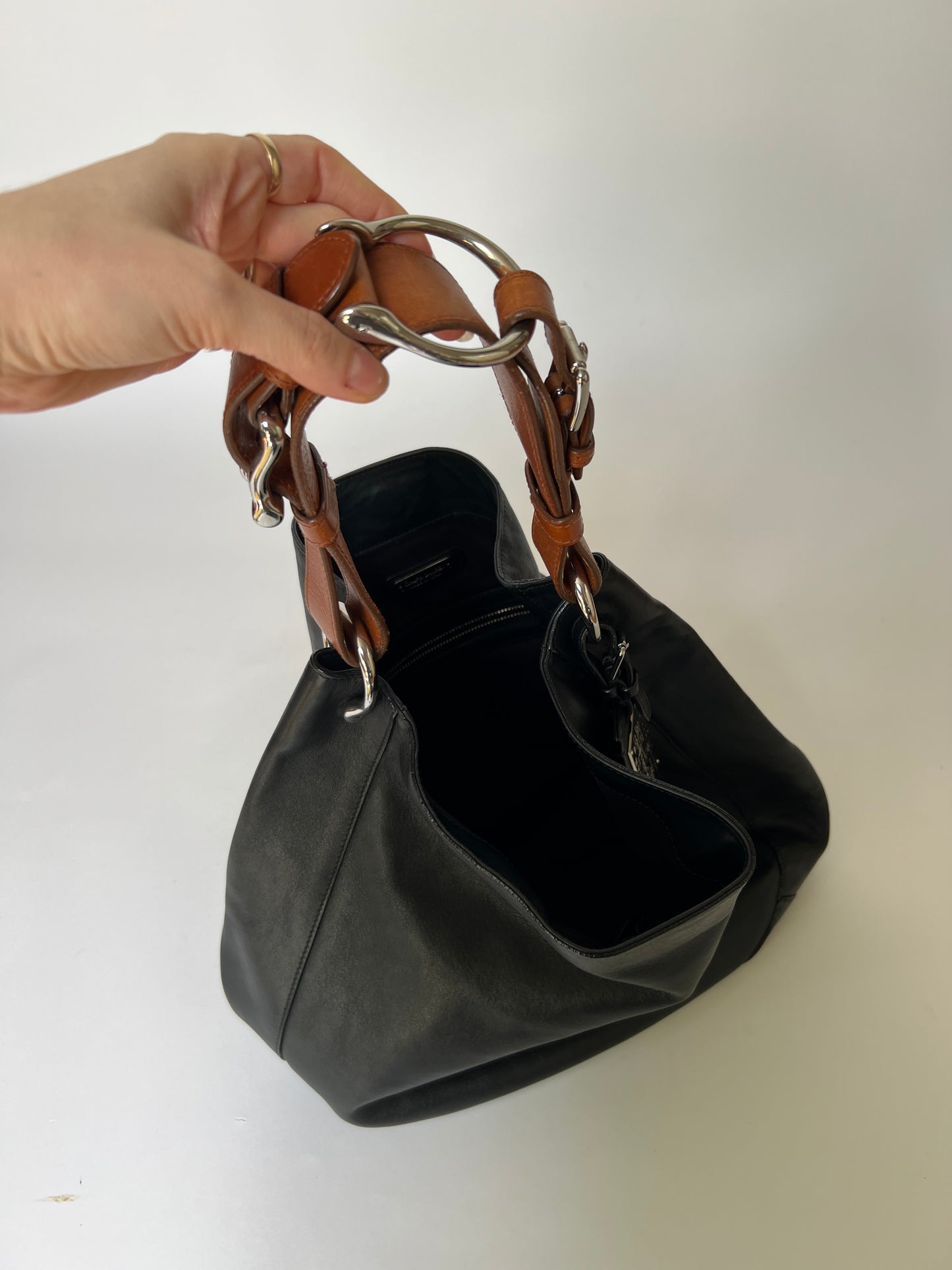 Black Leather Stirrup Handle Tote