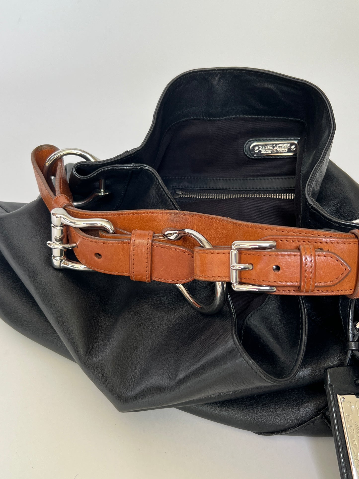 Black Leather Stirrup Handle Tote