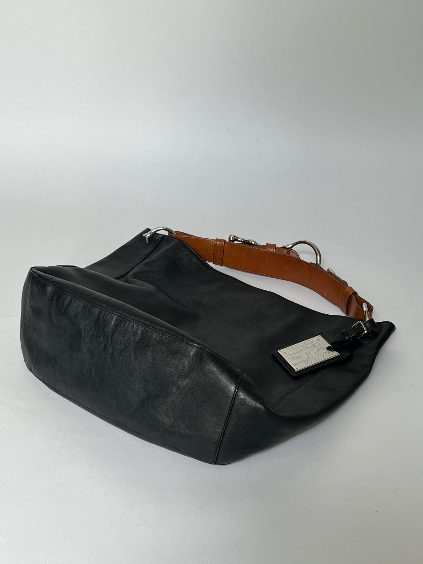 Black Leather Stirrup Handle Tote