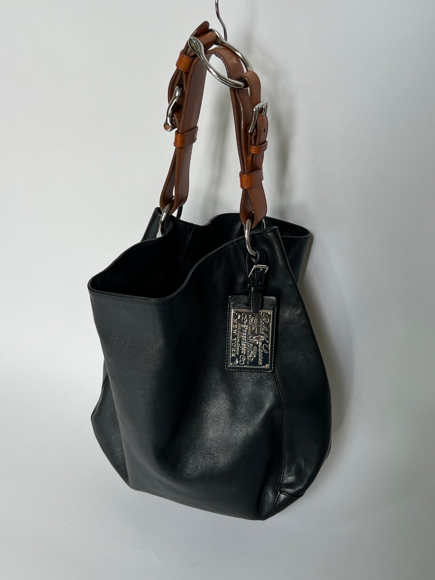 Black Leather Stirrup Handle Tote