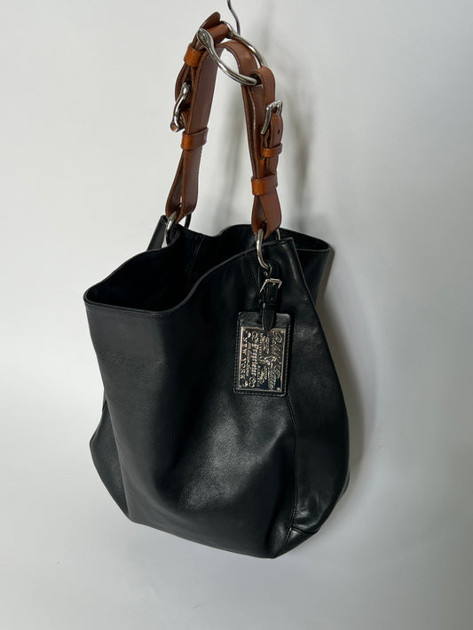 Black Leather Stirrup Handle Tote
