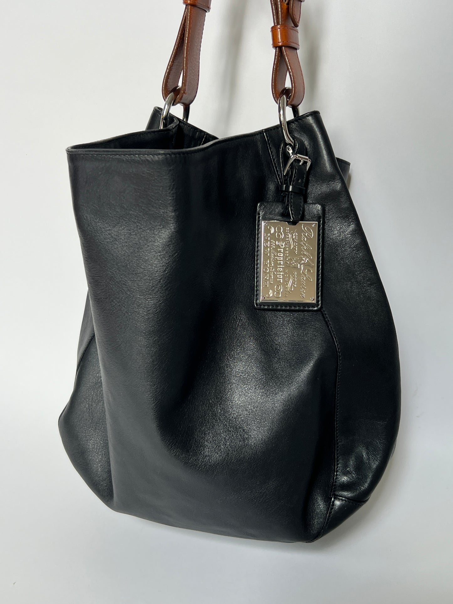 Black Leather Stirrup Handle Tote