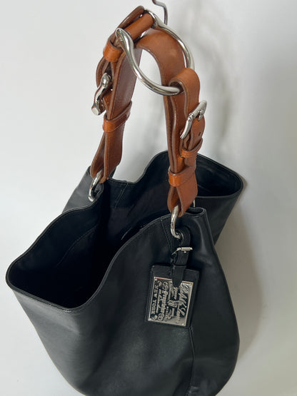 Black Leather Stirrup Handle Tote