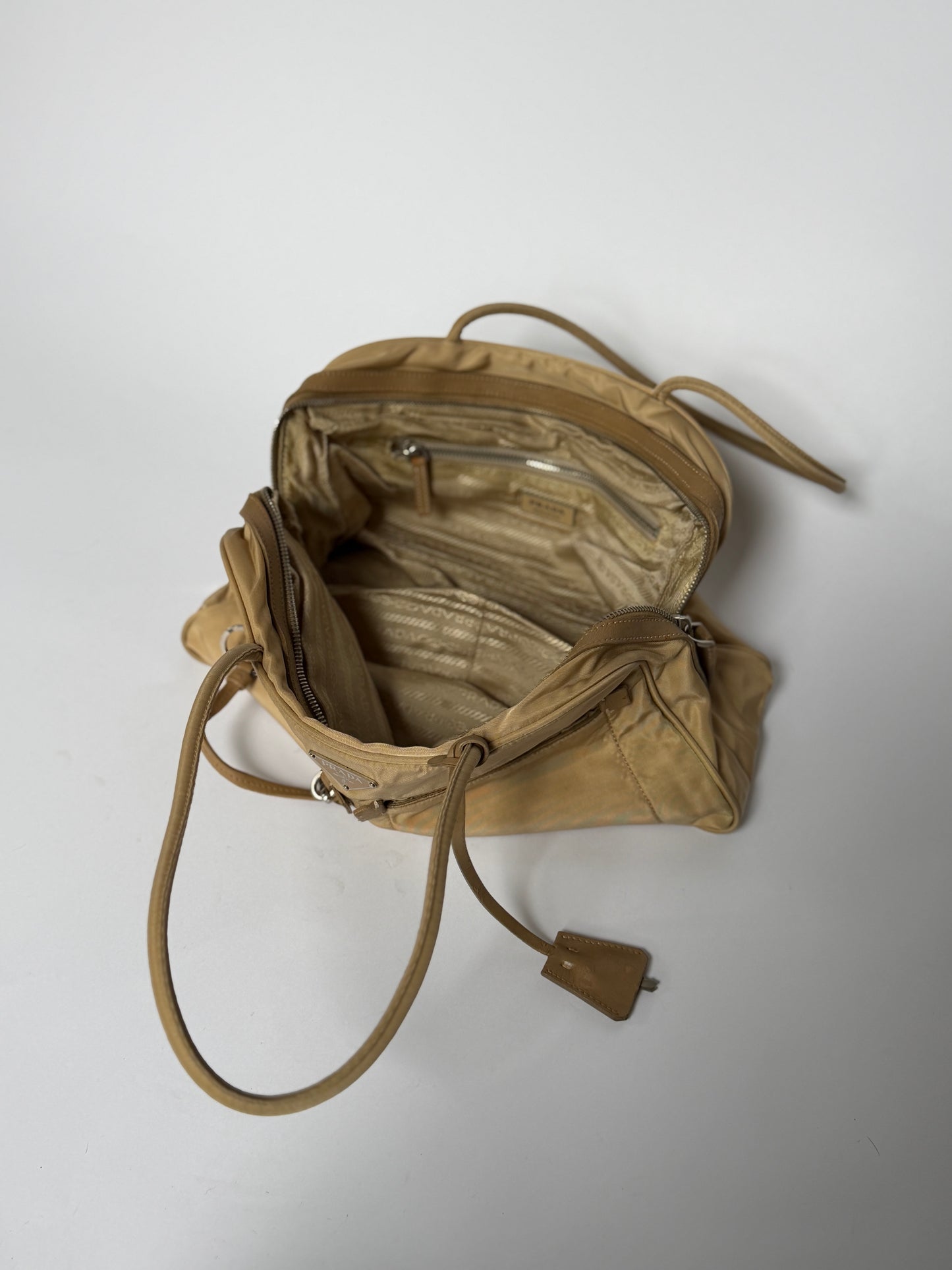 Prada Tessuto Nylon Lock & Key Shoulder Bag — Taupe