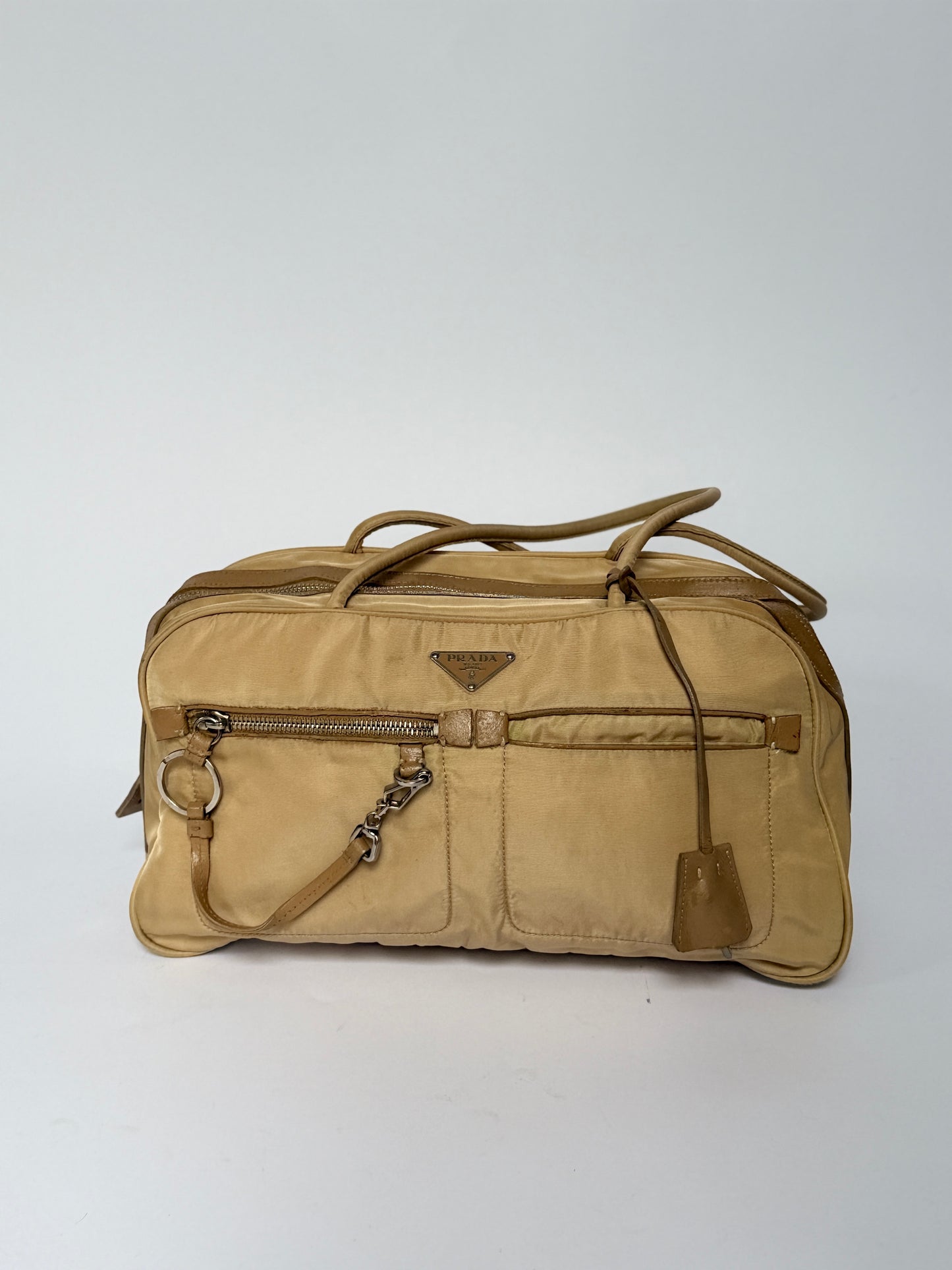 Prada Tessuto Nylon Lock & Key Shoulder Bag — Taupe