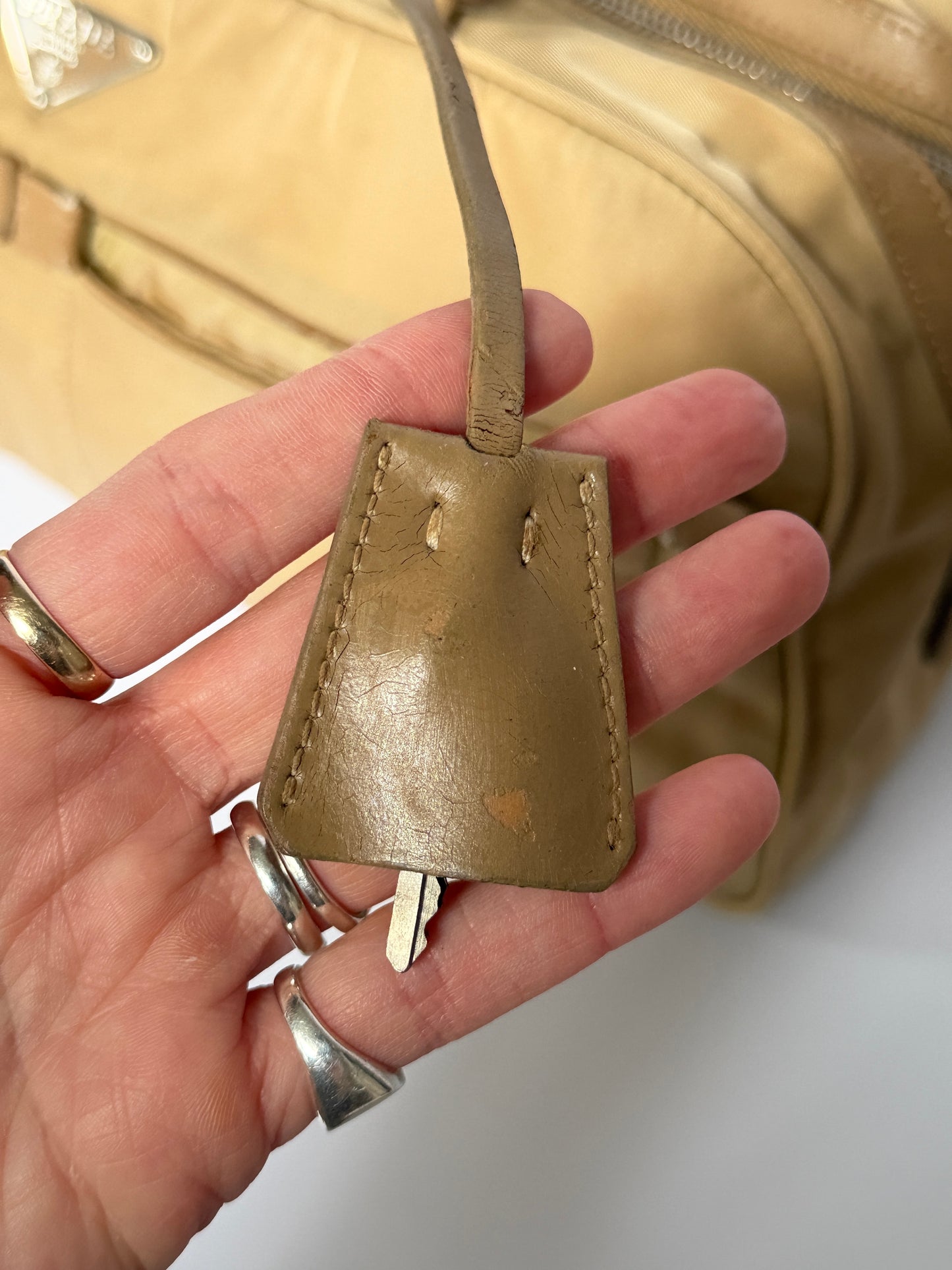 Prada Tessuto Nylon Lock & Key Shoulder Bag — Taupe