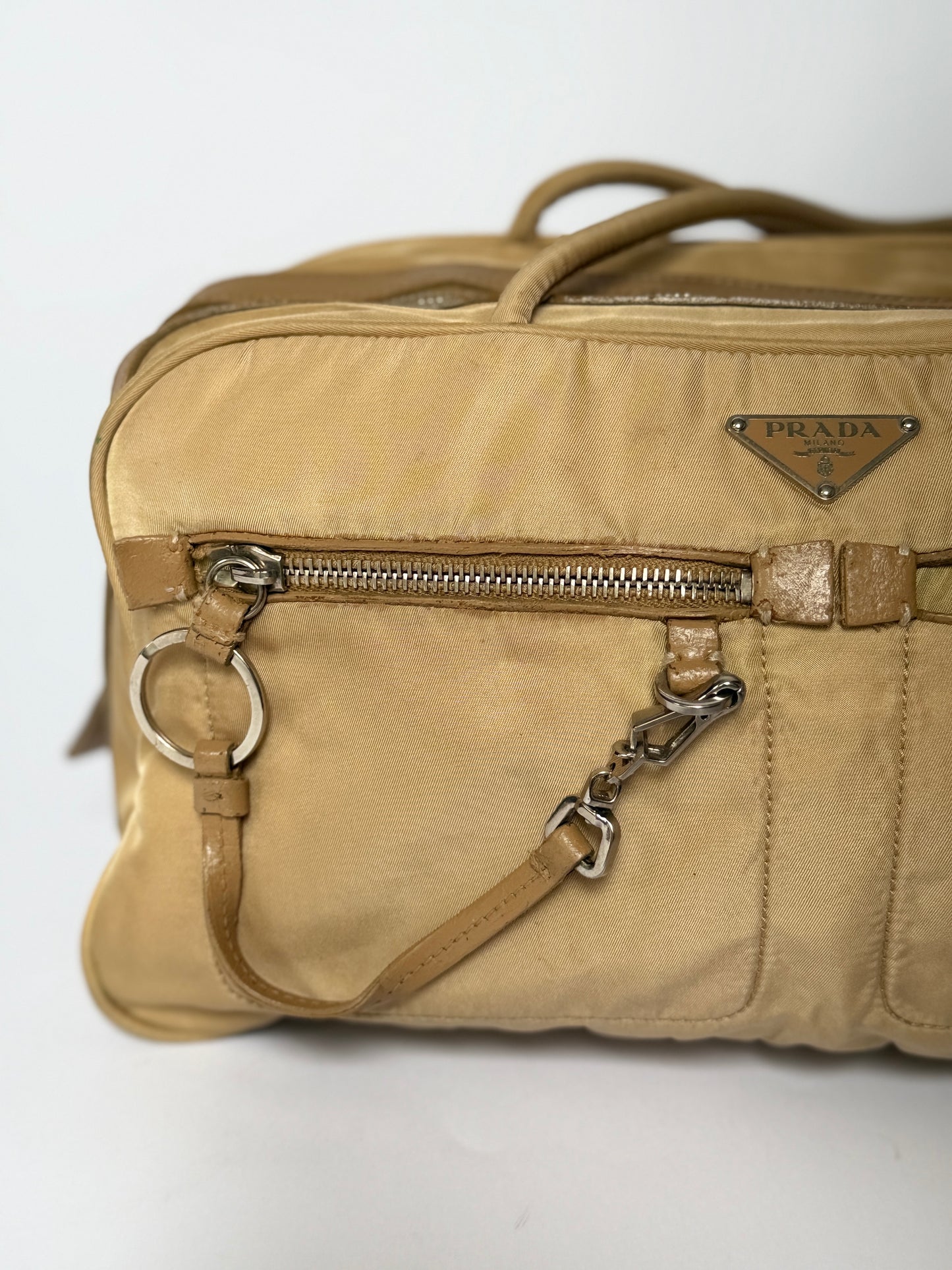 Prada Tessuto Nylon Lock & Key Shoulder Bag — Taupe